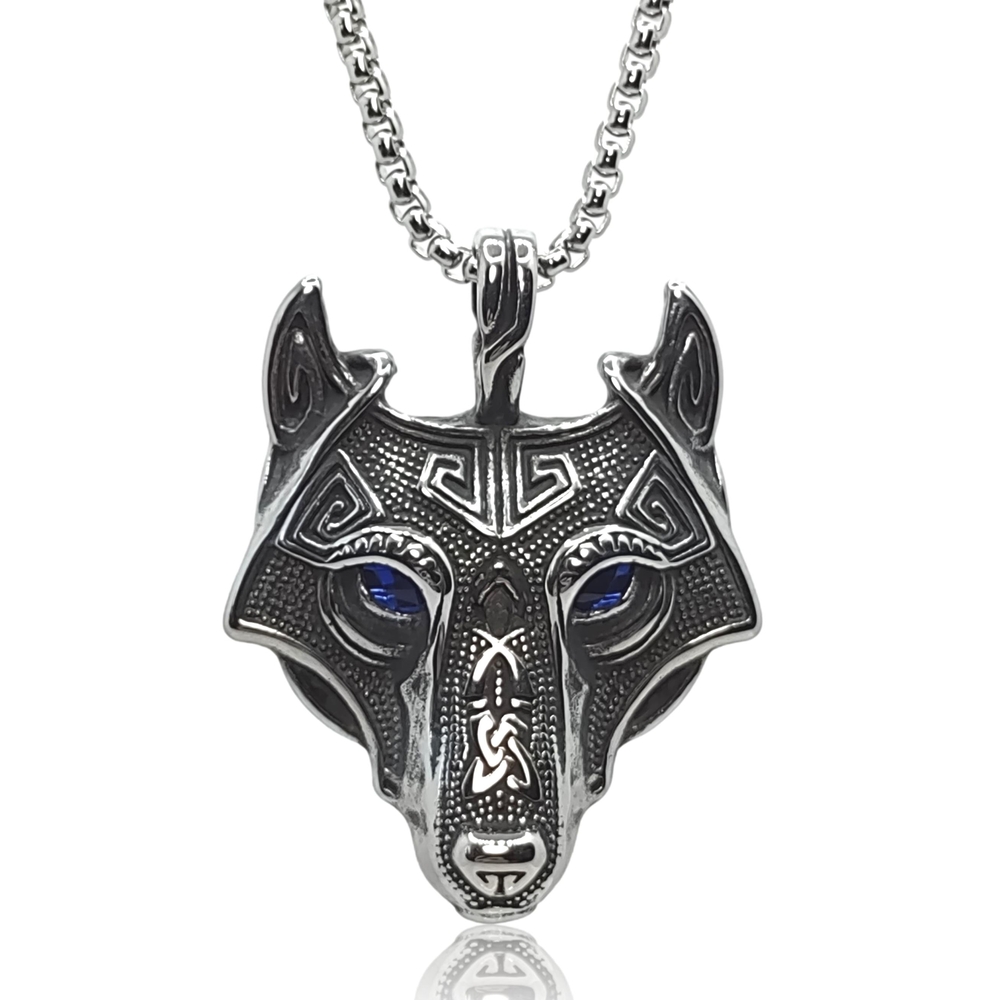 Gothic Punk Celtic Nordic Blue Eye Wolf Pendant Necklace